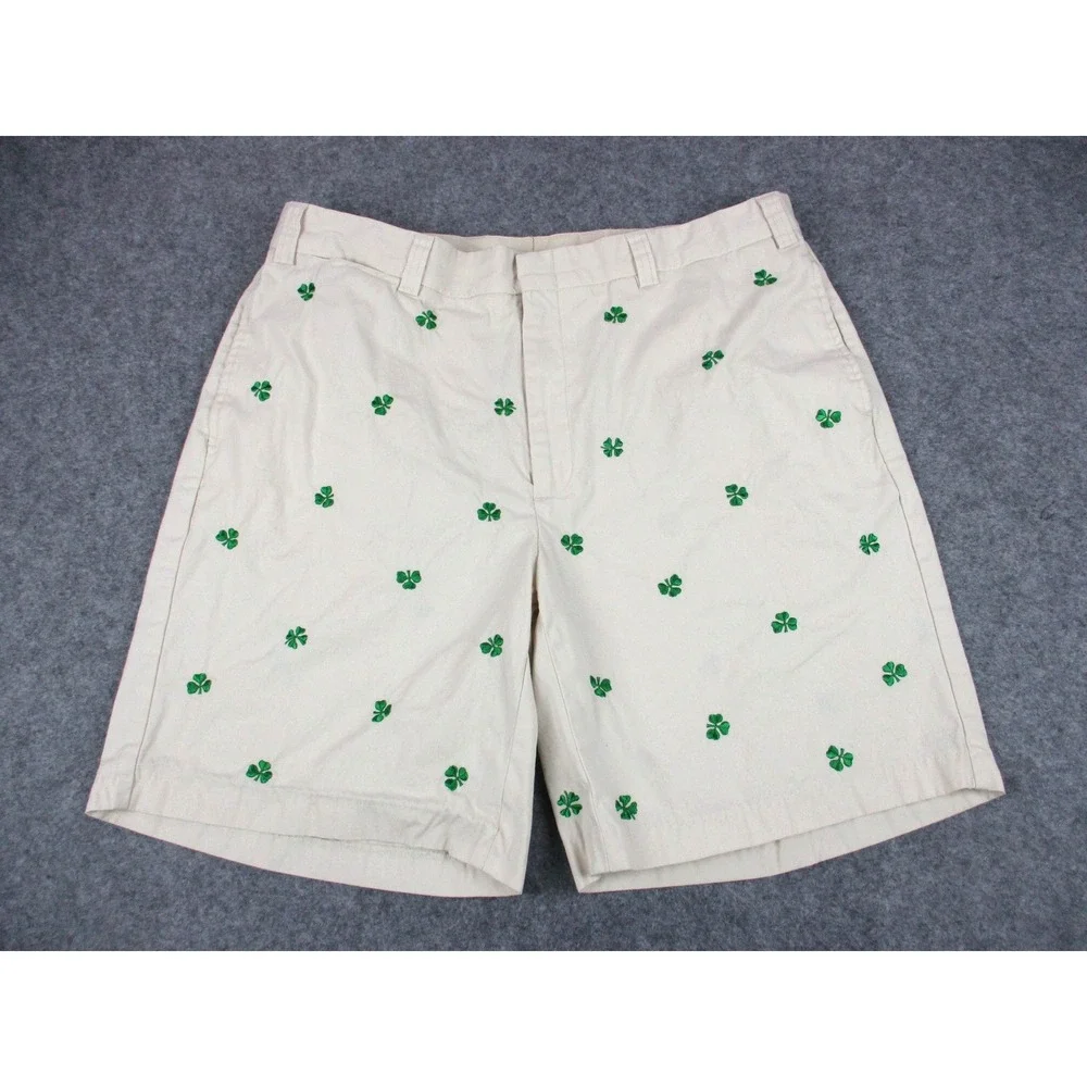 Orvis Shorts Mens 38 Off White Cream Green Clovers Floral Chino Embroidered VTG